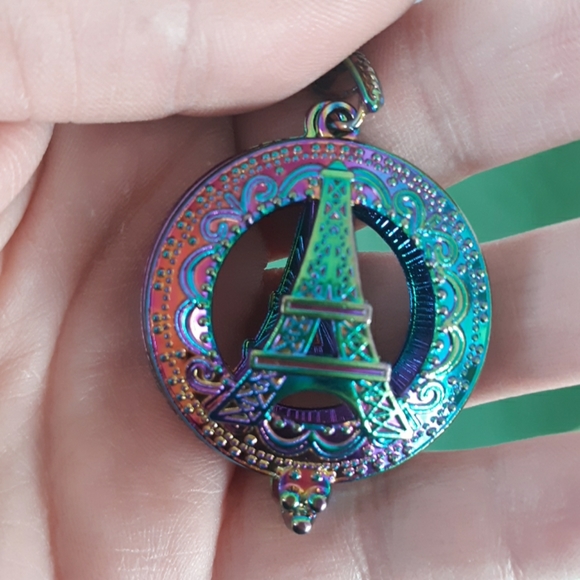 New Carved Rainbow Hematite Eiffel Tower Open Pendant. - Picture 6 of 6